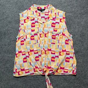 CHARLIE B Geometric Abstract Print Sleeveless Button Down Front Tie Top Large